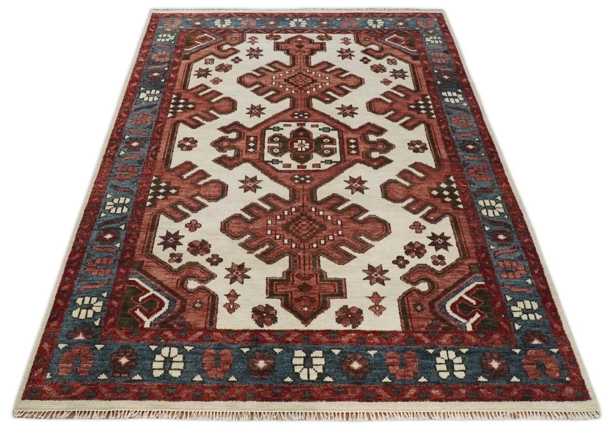 Coral Rust and Ivory Hand Knotted Traditional Heriz Serapi  Wool area Rug