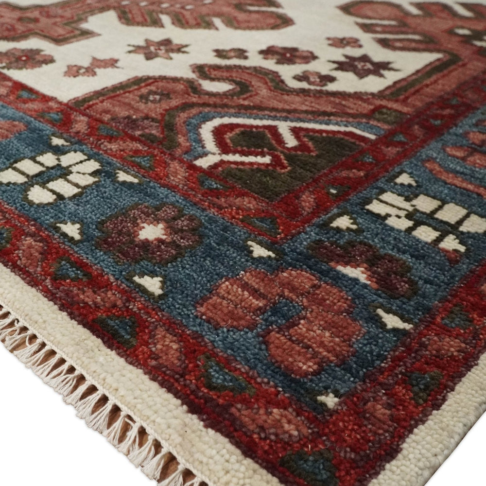 Coral Rust and Ivory Hand Knotted Traditional Heriz Serapi  Wool area Rug