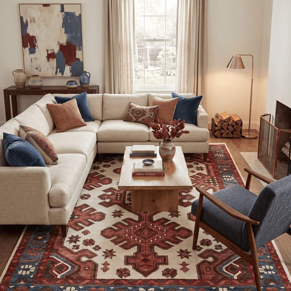 Coral Rust and Ivory Hand Knotted Traditional Heriz Serapi  Wool area Rug