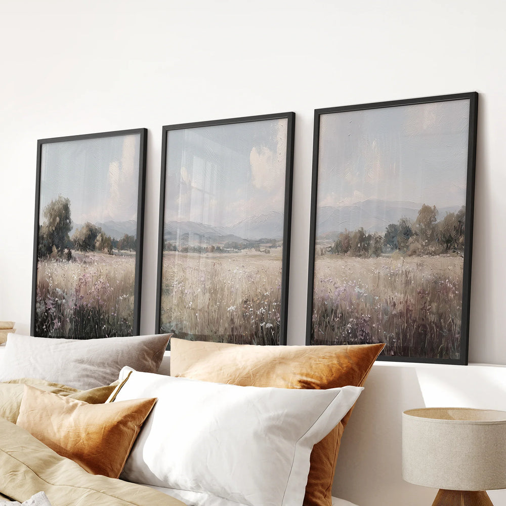 Pastel Meadow Landscape. Set of 3 Wildflower Prints