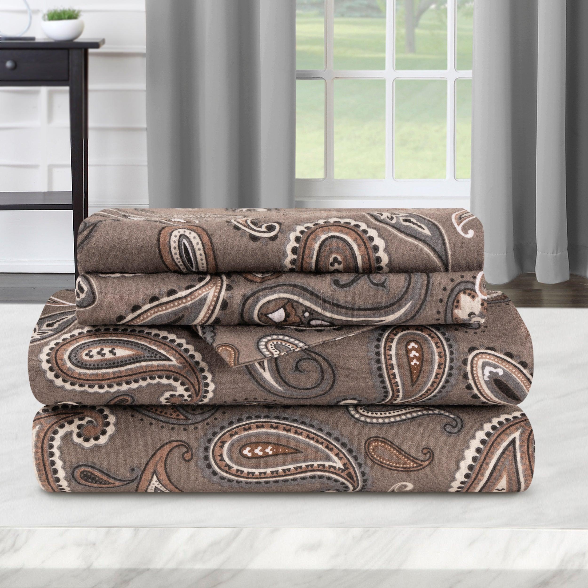 4-Piece Cotton Flannel Floral Paisley Bed Sheet Set with Deep