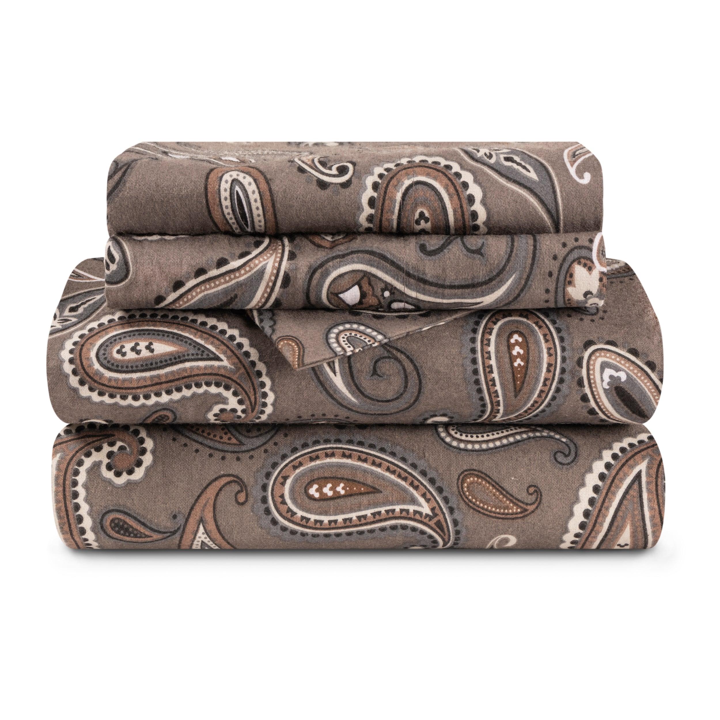 4-Piece Cotton Flannel Floral Paisley Bed Sheet Set with Deep