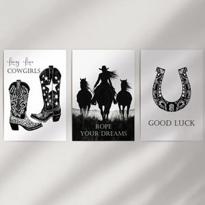 Black White Western Cowgirl 3 Piece Art. Boots, Horseshoe