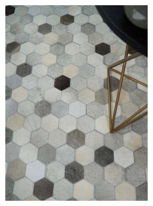 Leather Patchwork Silver and Ivory Leather Modern Geometric Custom Made Rug