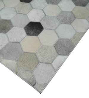 Leather Patchwork Silver and Ivory Leather Modern Geometric Custom Made Rug