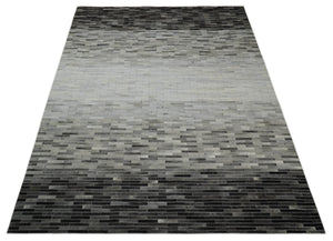 Custom Made Leather Striped Gray and Silver Leather Rug