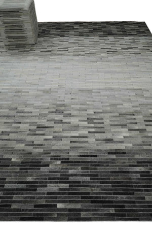 Custom Made Leather Striped Gray and Silver Leather Rug