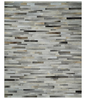 Modern Geometrical Leather Striped Silver and Ivory Leather Custom Made Area Rug