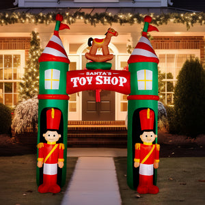 10-Ft. Santa's Toy Shop Archway w/ Toy Soldiers and Rocking Horse, Prelit Outdoor Christmas Inflatable with Storage Bag