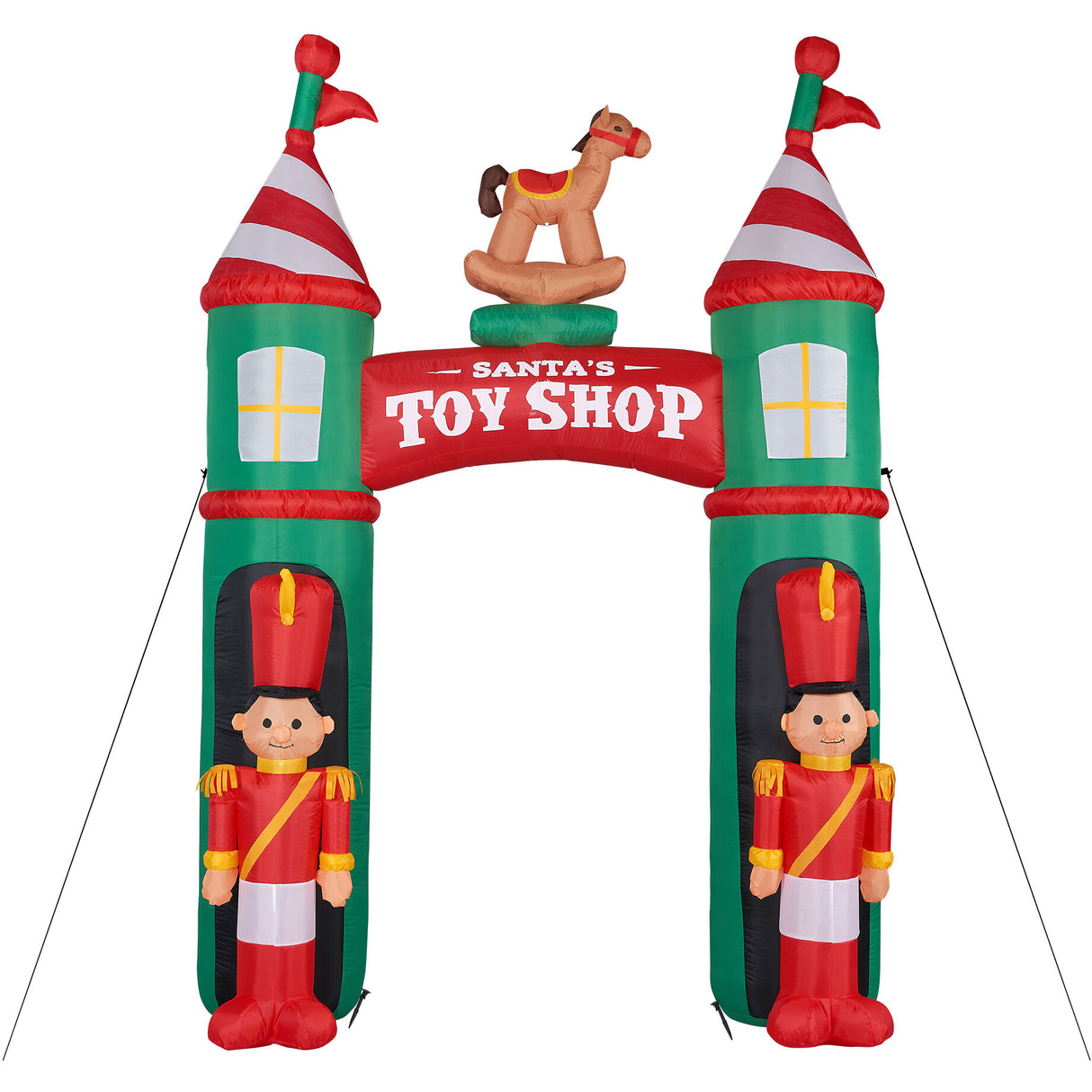 10-Ft. Santa's Toy Shop Archway w/ Toy Soldiers and Rocking Horse, Prelit Outdoor Christmas Inflatable with Storage Bag