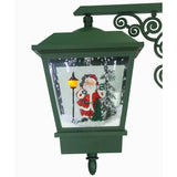 74-In. Musical Christmas Dual-Lantern Street Lamp with Santa, Snowman, 1 Sign, and Cascading Snow, Green