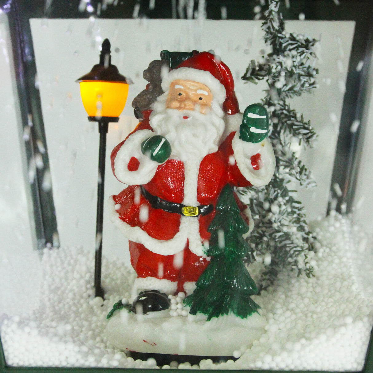 74-In. Musical Christmas Dual-Lantern Street Lamp with Santa, Snowman, 1 Sign, and Cascading Snow, Green
