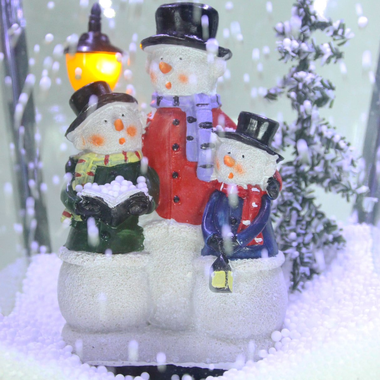 74-In. Musical Christmas Dual-Lantern Street Lamp with Santa, Snowman, 1 Sign, and Cascading Snow, Green