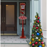 71-In.-Musical-Snowy-Street-Lamp-with-Snowman-Trio-Scene,-2-Signs,-Cascading-Snow,-and-Christmas-Carols,-Red-Christmas