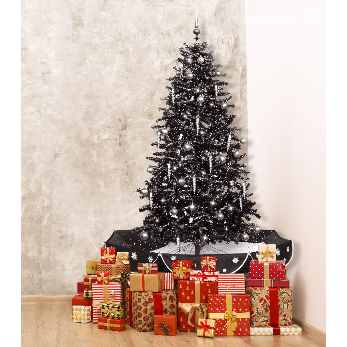 75-In. Musical Snowy Indoor Holiday Decor, Black Christmas Tree with Black Umbrella Base