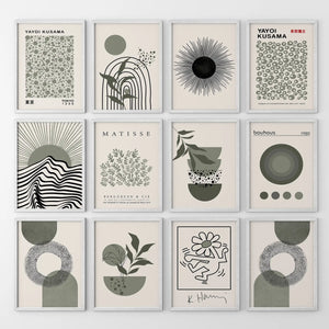 Set of 12 Sage Green Art. Abstract Matisse, Bauhaus MCM Prints