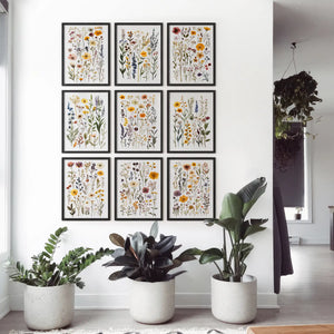 Meadow Wildflowers Prints. Floral Wall Art Set of 9 Pieces