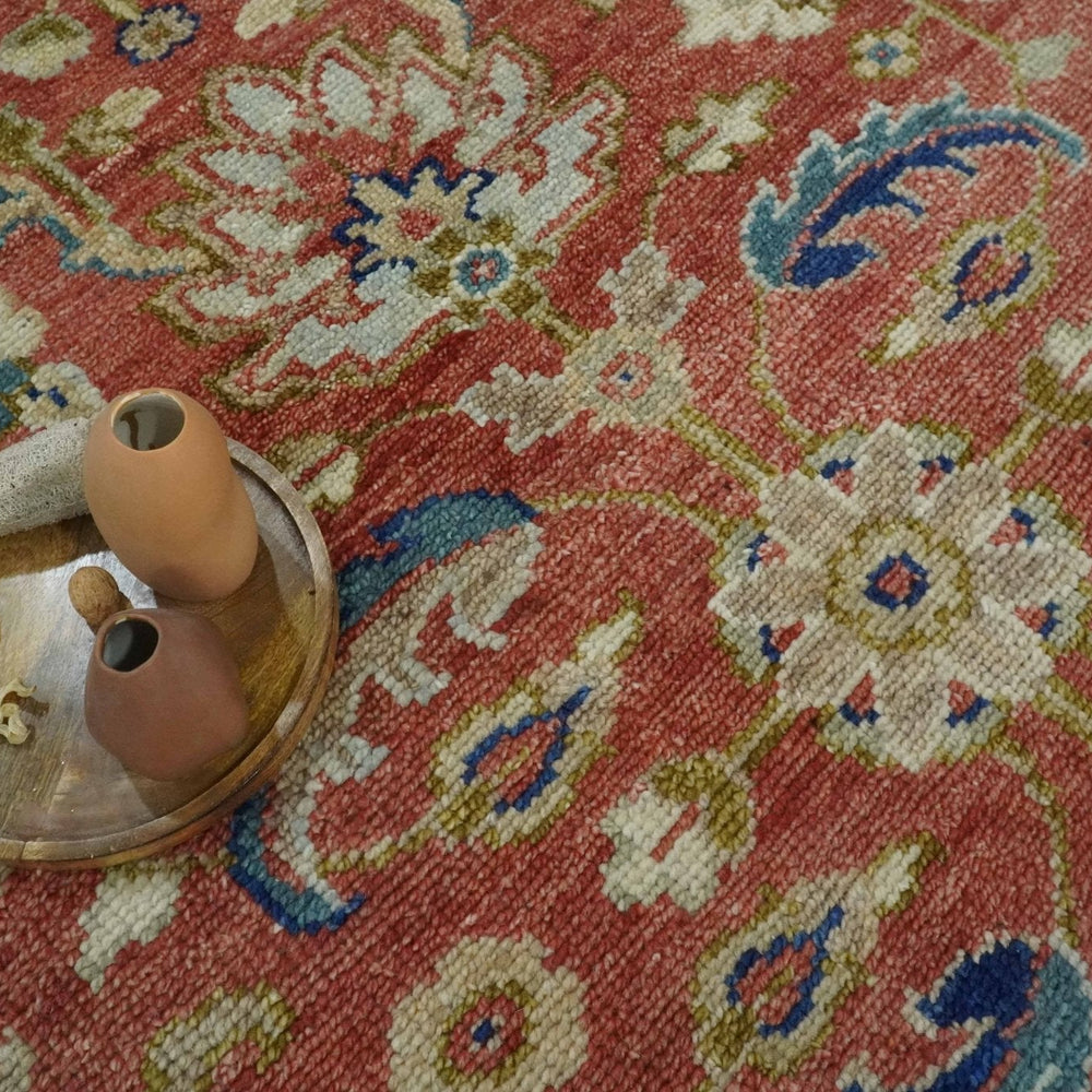Custom Made Antique Floral Style Rust, Teal, Ivory and Olive Hand Knotted Oriental Oushak Wool Area Rug