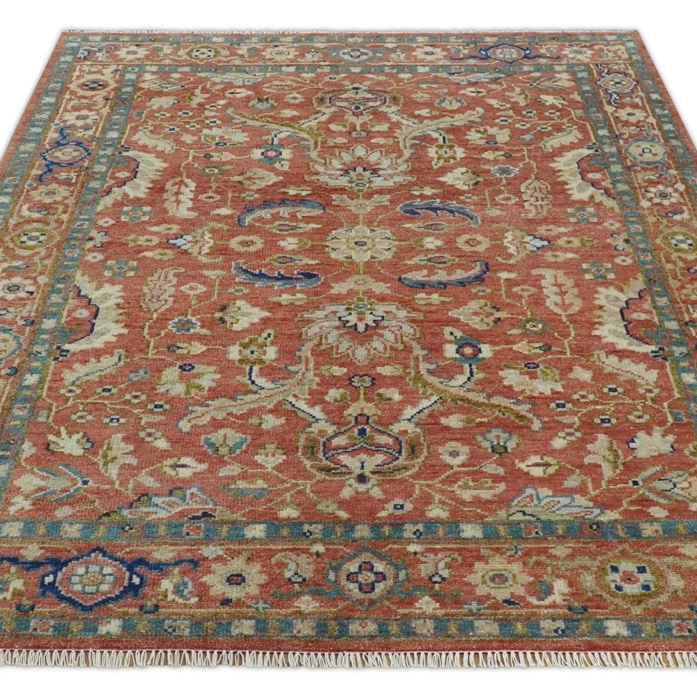 Custom Made Antique Floral Style Rust, Teal, Ivory and Olive Hand Knotted Oriental Oushak Wool Area Rug