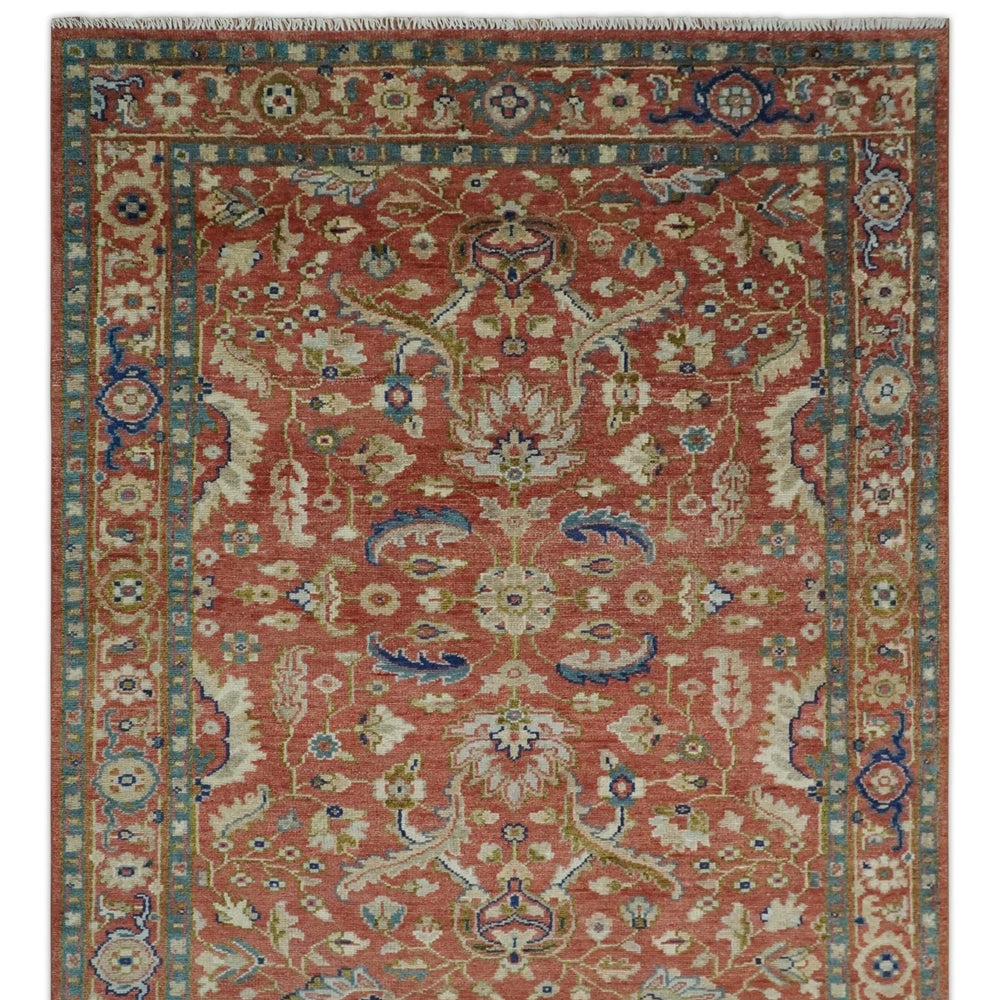 Custom Made Antique Floral Style Rust, Teal, Ivory and Olive Hand Knotted Oriental Oushak Wool Area Rug