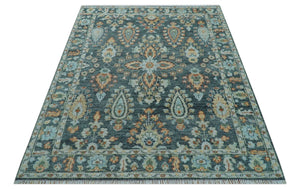 Custom Made Antique Hand Knotted Charcoal and Blue Traditional Oushak Design Wool Rug