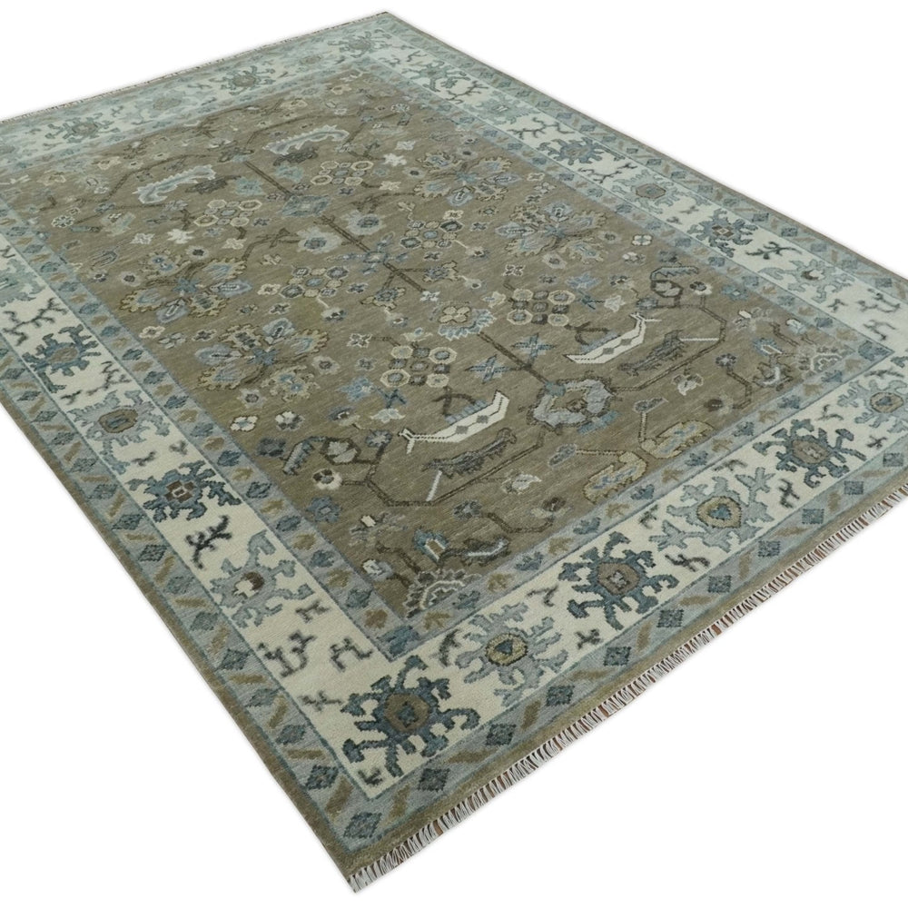 Custom Made Antique look Hand Knotted Beige, Ivory and Silver Oriental Oushak Multi Size Traditional Wool Area Rug