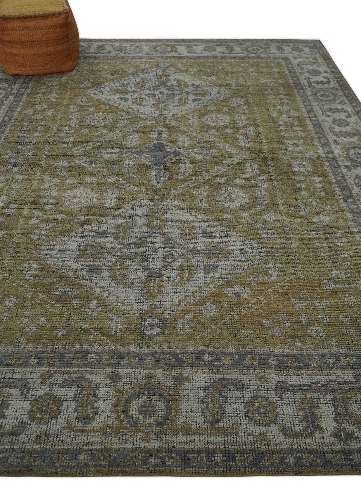 Custom Made Antique Style Hand Knotted Olive, Silver and Charcoal Traditional Wool Area Rug