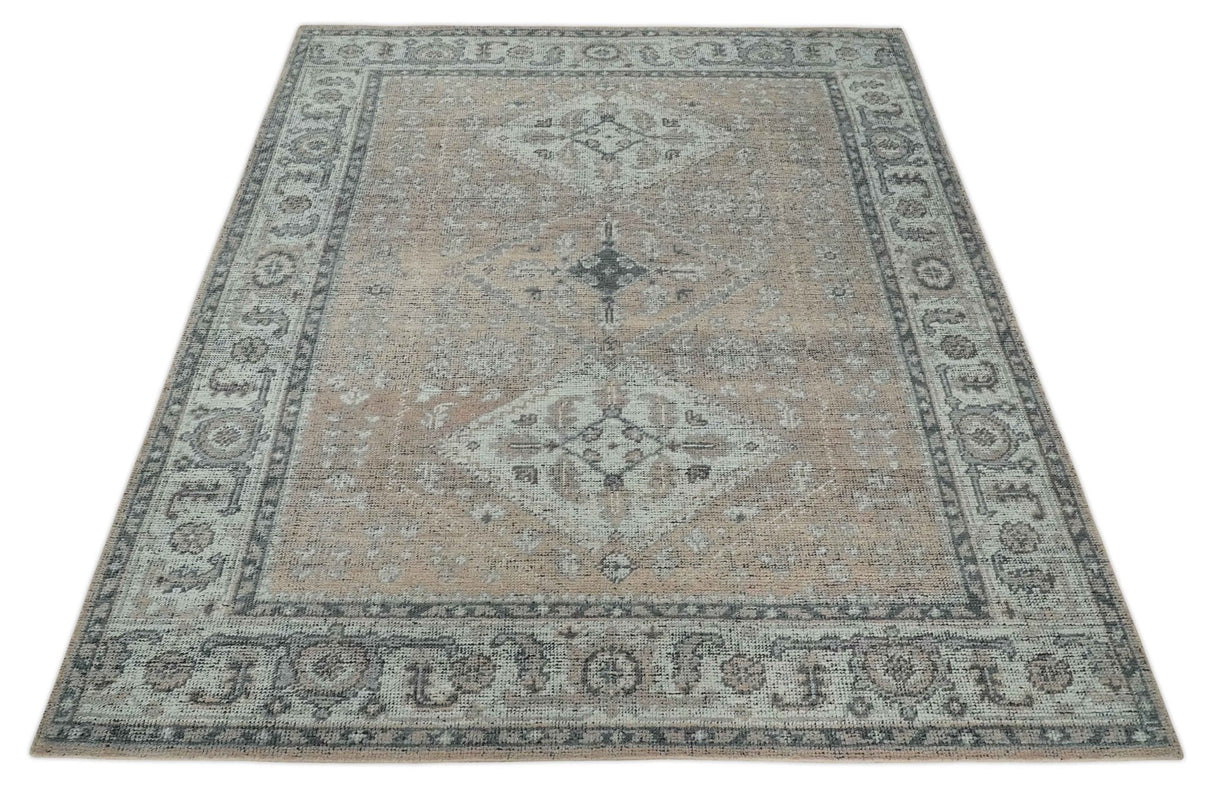 Custom Made Antique Style Peach, Ivory and Charcoal Hand knotted Traditional Wool Rug