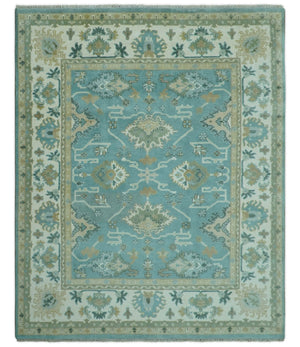 Custom Made Aqua and Beige Hand Knotted Traditional Wool Rug