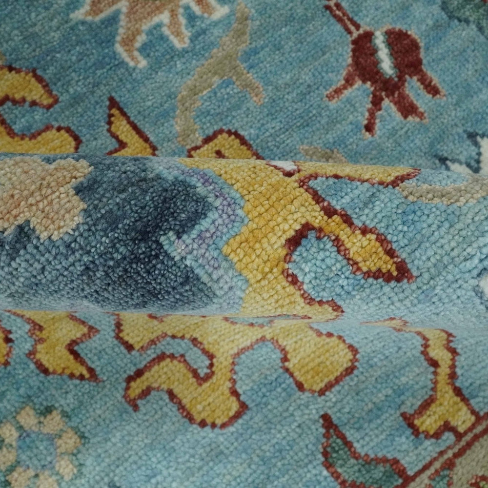 Custom Made Aqua and Ivory hand knotted Vibrant colorful Traditional Oushak Wool Area Rug