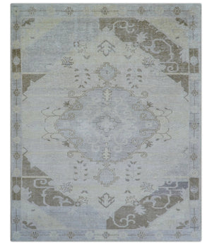 Custom Made Beige And Blue Traditional Turkish Design Hand knotted Wool Rug