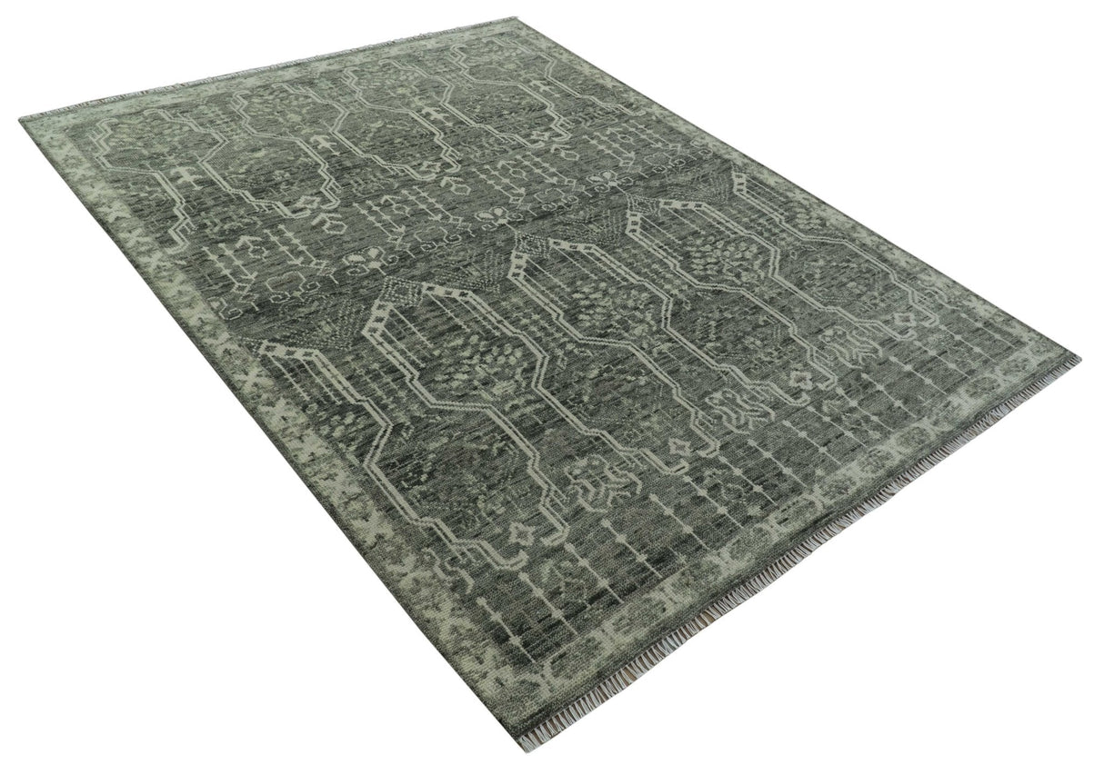 Custom Made Beige And Green  Modern Geometrical Design Hand Knotted wool rug