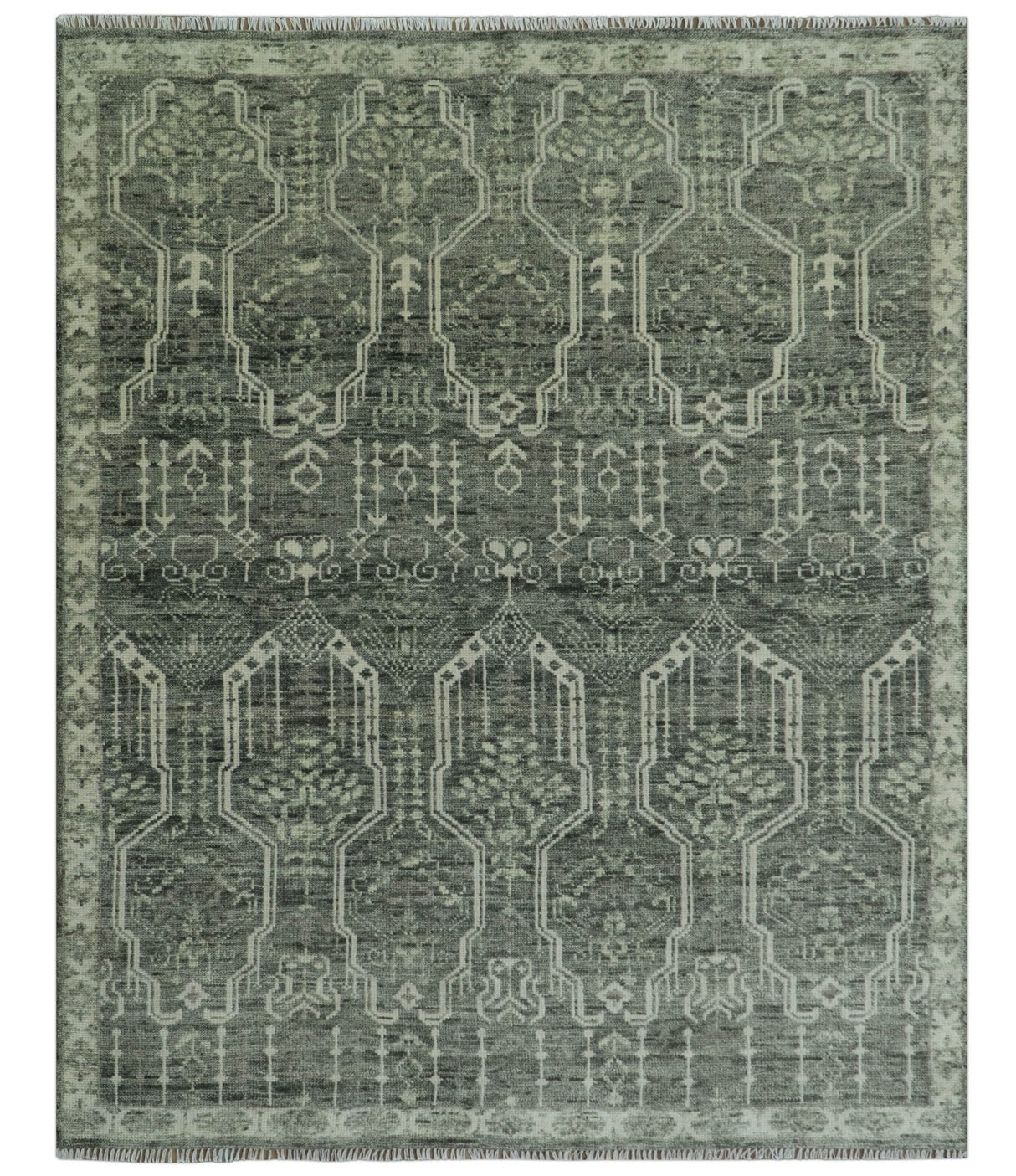 Custom Made Beige And Green  Modern Geometrical Design Hand Knotted wool rug