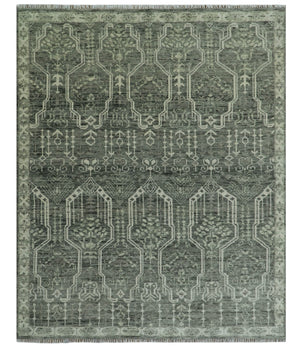 Custom Made Beige And Green  Modern Geometrical Design Hand Knotted wool rug