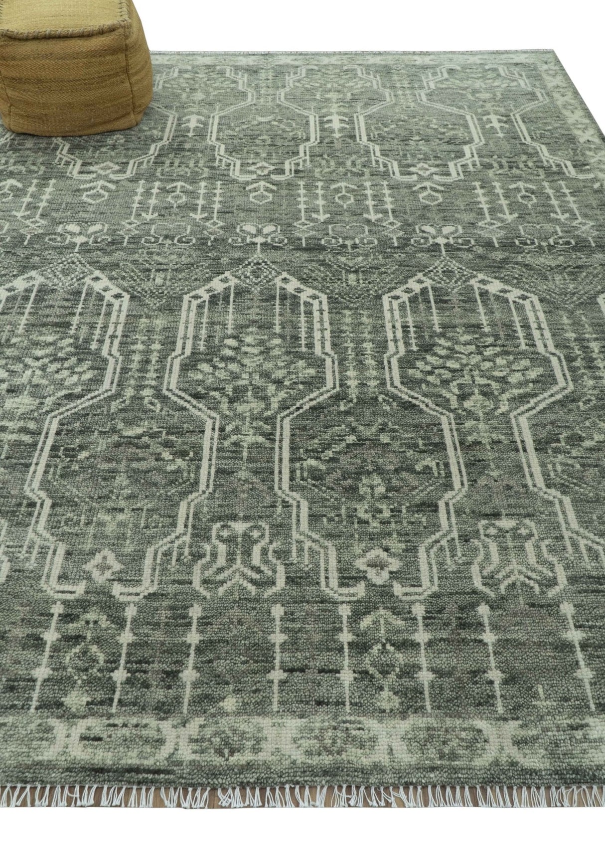 Custom Made Beige And Green  Modern Geometrical Design Hand Knotted wool rug