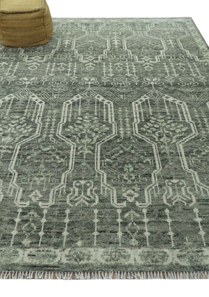 Custom Made Beige And Green  Modern Geometrical Design Hand Knotted wool rug