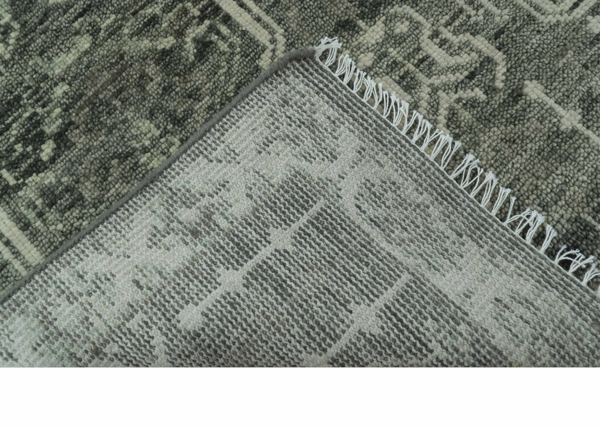 Custom Made Beige And Green  Modern Geometrical Design Hand Knotted wool rug