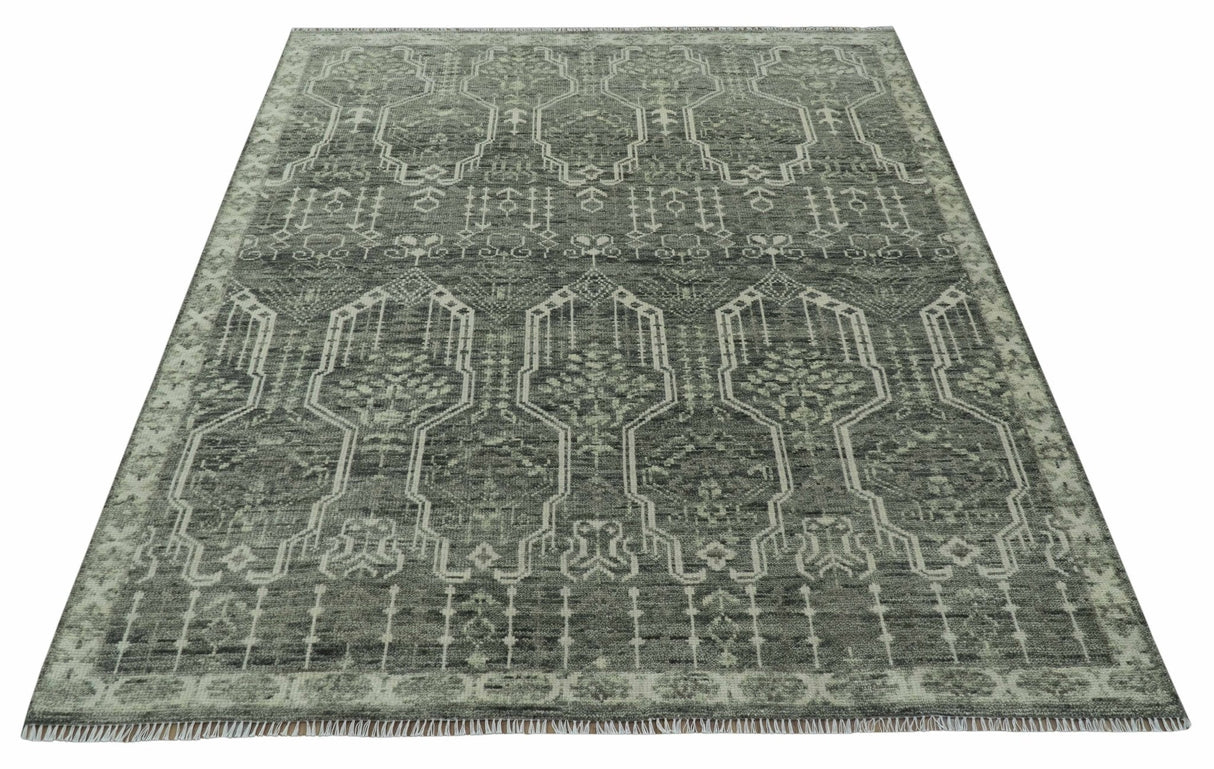 Custom Made Beige And Green  Modern Geometrical Design Hand Knotted wool rug