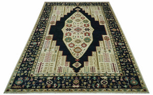 Custom Made Black And Ivory Traditional Serapi Design Hand Knotted Wool Rug