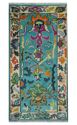 Custom Made Blue And Beige Oushak Hand Knotted Runner Wool Rug