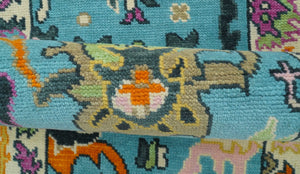 Custom Made Blue And Beige Oushak Hand Knotted Runner Wool Rug