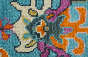Custom Made Blue And Beige Oushak Hand Knotted Runner Wool Rug