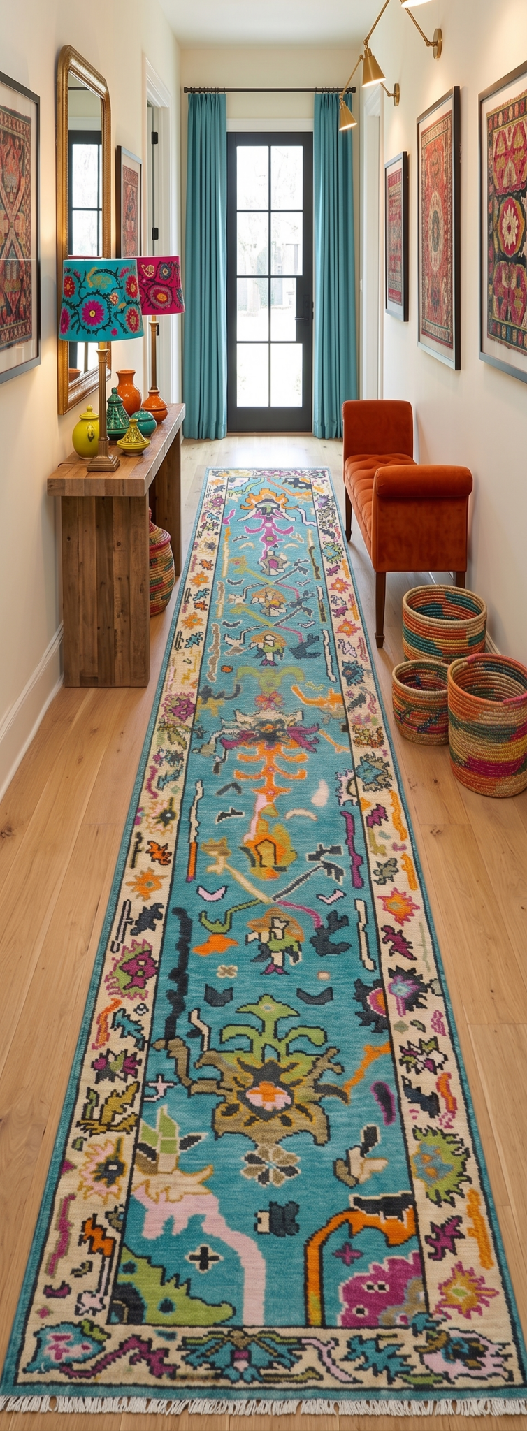 Custom Made Blue And Beige Oushak Hand Knotted Runner Wool Rug
