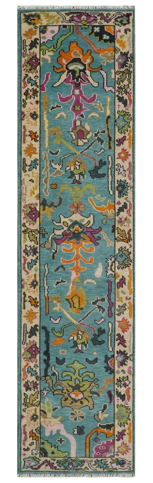 Custom Made Blue And Beige Oushak Hand Knotted Runner Wool Rug