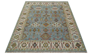 Custom Made Blue And Beige Traditional Hand Knotted Wool Area Rug