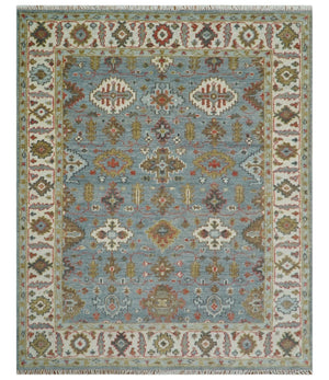 Custom Made Blue And Beige Traditional Hand Knotted Wool Area Rug