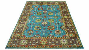 Custom Made Blue And Brown Traditional Floral Hand Knotted Wool Rug