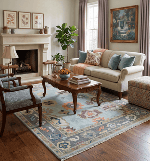 Custom Made Blue and Gray Hand Knotted Traditional Oushak Wool Area Rug