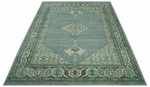 Custom Made Blue And Gray Traditional Medallion Hand Knotted Wool Rug