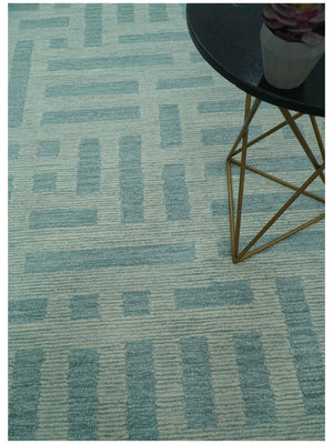 Custom Made Blue And Ivory Modern Abstract Pattern Hand Tufted Wool Area Rug